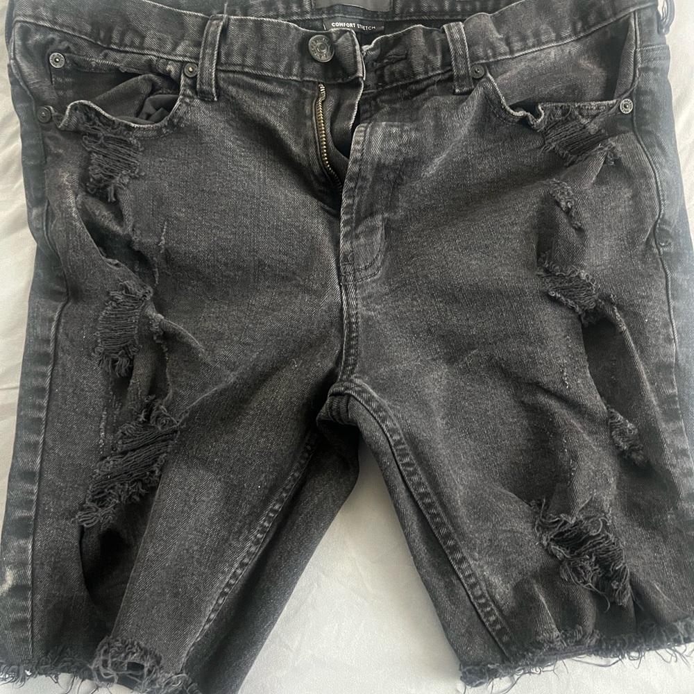 Distressed Black Denim Shorts